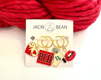 Red - Knitting Crochet Stitch Markers, Progress Keepers, Set of 4 Stitch Markers,Red Charms