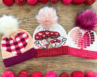 KNITTING PATTERN: Love Heart Beanie Collection/3 Knit Hat Patterns,Duplicate Stitch Knitting,Worsted Valentine Hat patterns,Instant Download