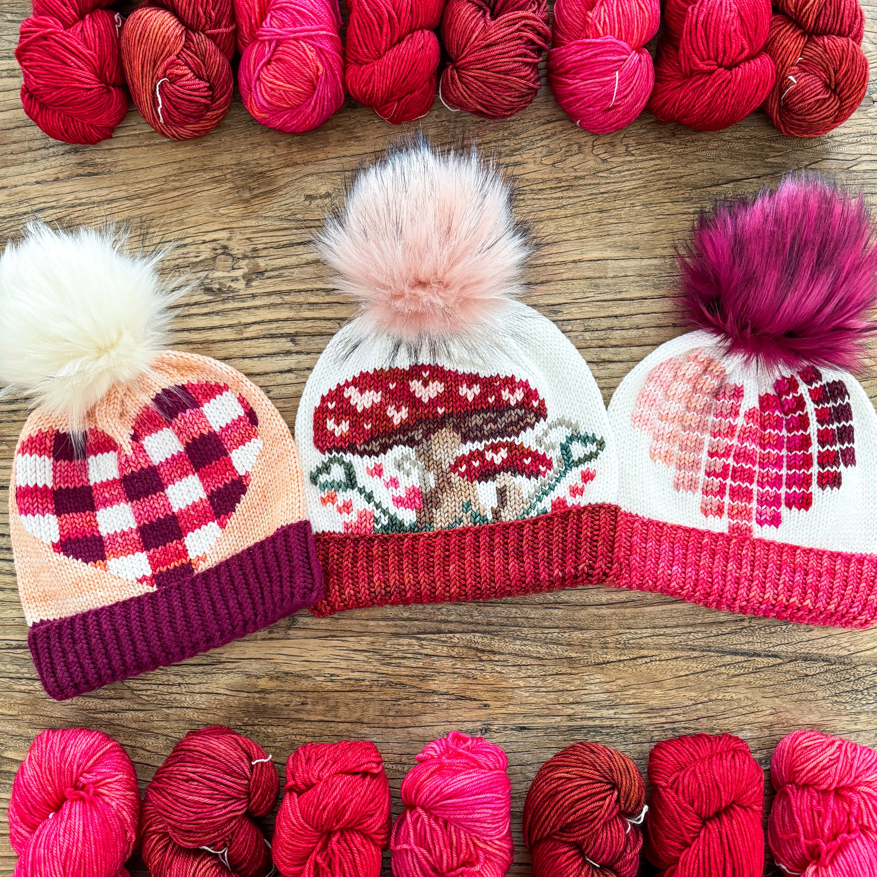 New Custom Designed Red Raspberry Knit Slouchy Pom Beanie with Layered Butterfly The Lyric Red Slouchy Beanie Hat with Finn Raccoon Pom Pom  main image 3