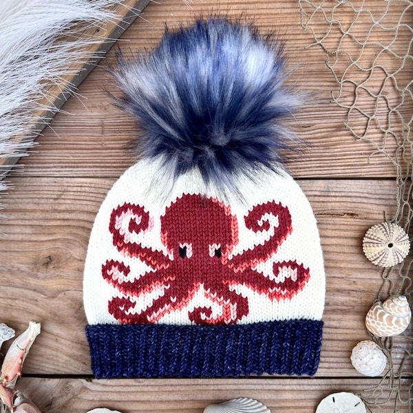 KNITTING PATTERN: Octopus Beanie / Knit Hat Pattern, Duplicate Stitch Knitting, Worsted Weight Seaside Stories Hat Pattern,Instant Download