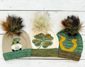 KNITTING PATTERN: Lucky Irish Beanie Collection/3 Knit Hat Patterns,Duplicate Stitch Knitting,Worsted St.Patrick's patterns,Instant Download