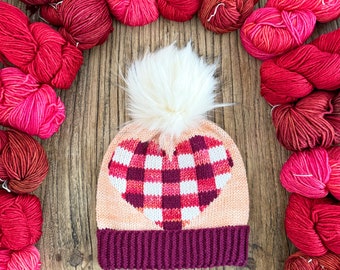 KNITTING PATTERN: Plaid Heart Beanie / Knit Hat Pattern,Duplicate Stitch Knitting,Worsted weight Valentine hat pattern,Instant Download