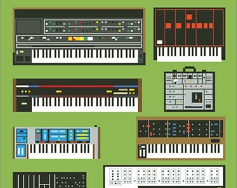 Synth Legends (ARP, Korg, Moog, Roland, & Yamaha Synthesizers) - Cross Stitch/Embroidery Hoop Pattern - PDF Instant Digital Download