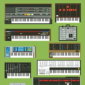 Synth Legends (ARP, Korg, Moog, Roland, & Yamaha Synthesizers) - Cross Stitch/Embroidery Hoop Pattern - PDF Instant Digital Download