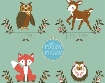 Woodland Animals - Counted Cross Stitch Pattern & Alphabet Chart - PDF Instant Digital Download (creatures, owl, fawn, deer, fox, hedgehog)
