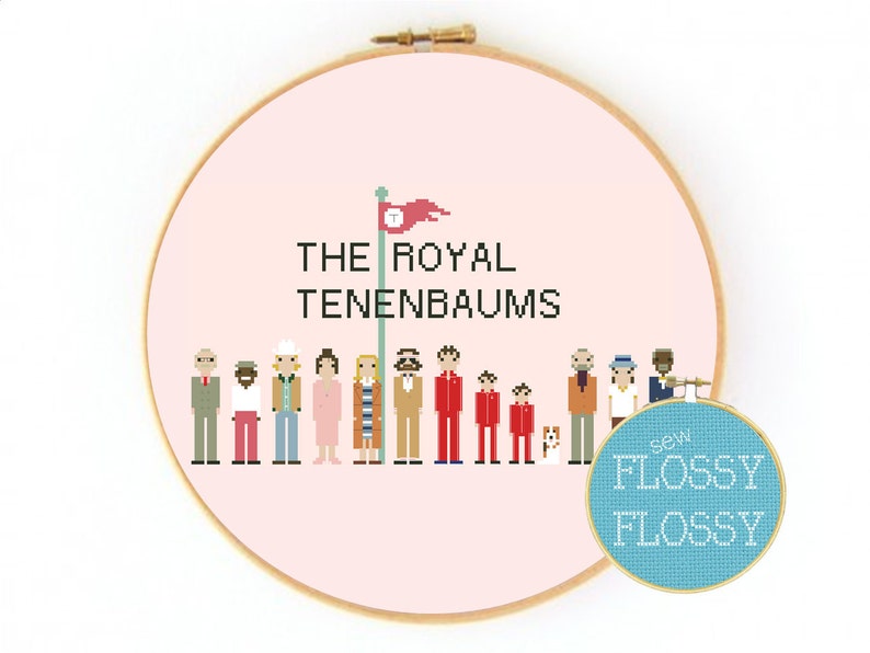 May include: Cross stitch pattern of the characters from the movie The Royal Tenenbaums. The pattern includes the text "The Royal Tenenbaums" and a red flag with the letter "T" on it. The pattern is designed by Sew Flossy Flossy.