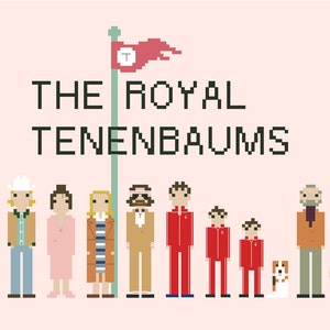May include: A pixel art illustration of the characters from the movie The Royal Tenenbaums. The characters are standing in a line, with a red flag with a T on it in the background. The text "The Royal Tenenbaums" is written above the characters.