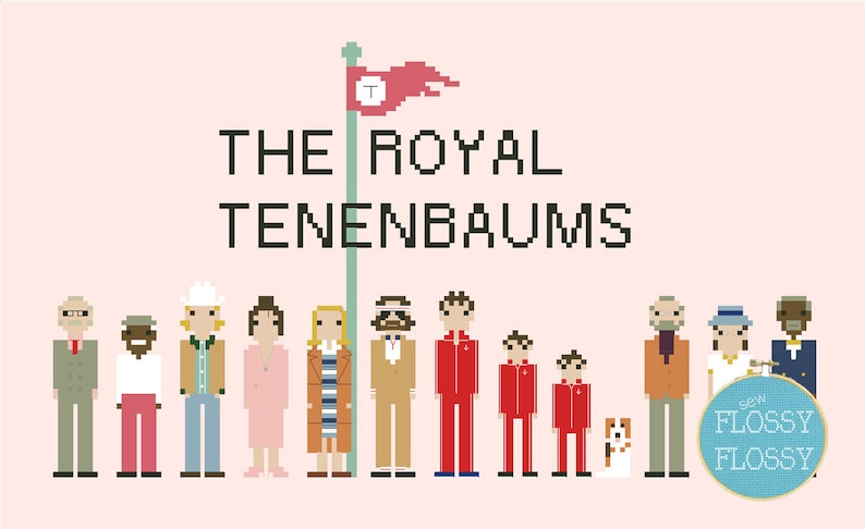 May include: A pixel art illustration of the characters from the movie The Royal Tenenbaums. The characters are standing in a line, with a red flag with a T on it in the background. The text "The Royal Tenenbaums" is written above the characters.