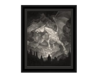 May include: A black and white illustration of a winged horse flying over a city skyline. The horse has a long, flowing mane and tail, and its wings are spread wide. The city skyline is silhouetted against a dark sky.