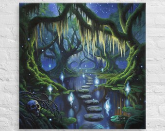 May include: A painting of a magical forest scene with a path of stepping stones leading through a still pond. The trees are draped with moss and vines, and the water is illuminated by glowing orbs. A skull sits on the bank of the pond.