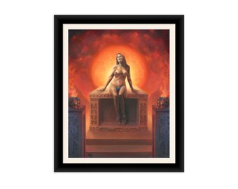 May include: A painting of a woman sitting on a stone throne. She is nude except for a blue bikini bottom. The background is a fiery orange and red with a large sun in the center.