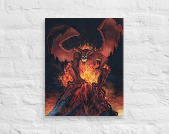 May include: A canvas print featuring a fiery demon with large wings, perched atop a volcanic structure. The artwork is dominated by shades of red, orange, and black, creating a dramatic and intense scene. The demon has a menacing expression.