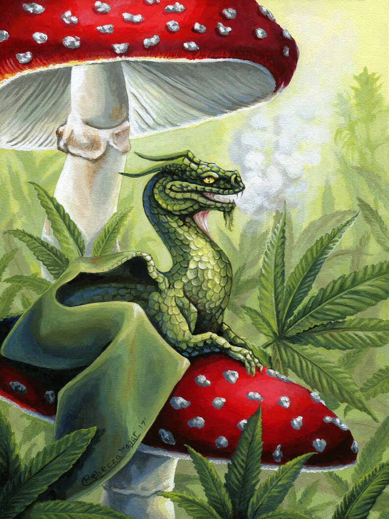Green Dragon Dragon With Cannabis Leaves and Toadstools Original