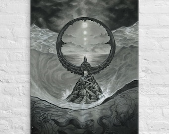May include: A black and white illustration of a dark, skeletal figure standing on a rocky island. The figure is surrounded by a circular, swirling portal that leads to a distant, cloudy sky. The island is surrounded by dark, swirling water.