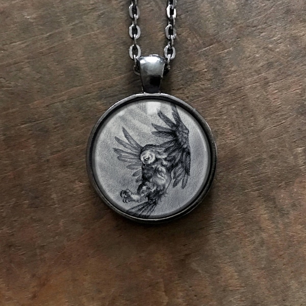 Gray Owl Pendant Necklace with Original Artwork