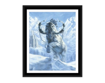 May include: A blue and white painting of a woman riding a large, furry, white creature with horns. The creature is chained and the woman is wearing a crown. The background is a snowy mountain range.