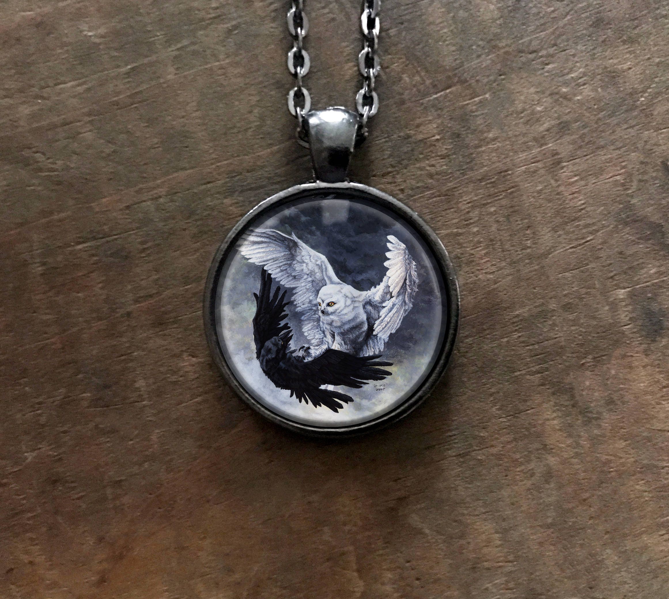 Yin Yang Owl and Raven Pendant Necklace with Original Artwork