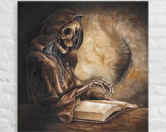 May include: A skeletal figure wearing a brown hooded robe and holding a quill pen over an open book. The figure is surrounded by a warm, golden light.
