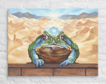 May include: A large, green and blue toad with red eyes sits on a brick wall, looking out at a desert landscape with sand dunes and distant buildings.