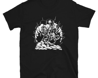 May include: Black t-shirt with a white graphic of a knight on horseback riding through a field of spears.