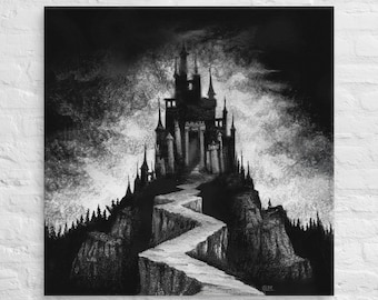May include: A black and white illustration of a dark castle on a hilltop with a winding path leading up to it. The castle is surrounded by fog and trees.