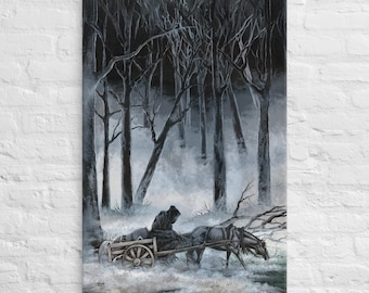 May include: A dark figure in a hooded cloak drives a horse-drawn cart through a misty forest. The trees are bare and the ground is covered in snow. The scene is dark and mysterious, with a sense of foreboding.