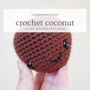 Op de afbeelding: Een bruine gehaakte kokosnoot met zwarte ogen en een gestikte glimlach. De kokosnoot wordt in een hand gehouden. (C) 2019; BEGINNER FRUIT SERIES