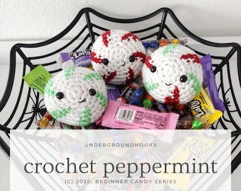 Crochet Peppermint Pattern - Easy Beginner Crochet Plushie - Kawaii Candy Lover Play Kitchen - Old Fashioned Candy Trick or Treat Halloween