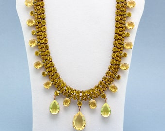 Art deco Rhinestone necklace, statement rhinestone necklace, crystal Yellow Chartreuse necklace, bridal rhinestone jewelry Vintage Necklace