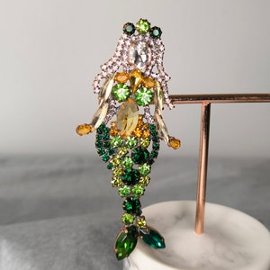 Vintage Mermaid Brooch, Czech Crystal  Brooch, Vintage Jewelry, Holiday Jewelry Czech rhinestone Mermaid Brooch pin gift Figural Mermaid Pin