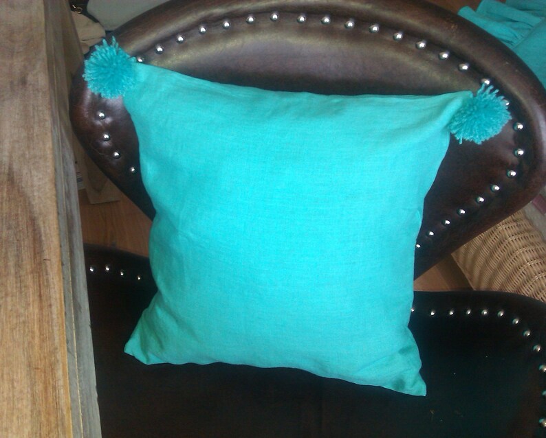 Turquoise Linen Pom Pom Pillowcases Natural Linen Pillow Etsy