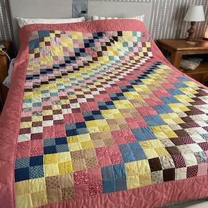 Hand Stitched Nine-Patch Quilt Vintage 1980s Patchwork Pink Blue Red Floral Twin 63x86"