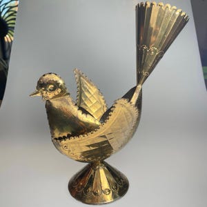 Llamas Mexico Punched Brass Chicken Vintage Midcentury Flower Vase Centerpiece 10x12"