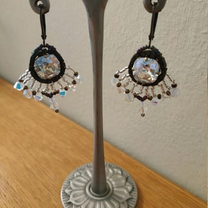 Aged bronze sleeper earrings with swarovski pearls and cabochons in crystal/white opal colours