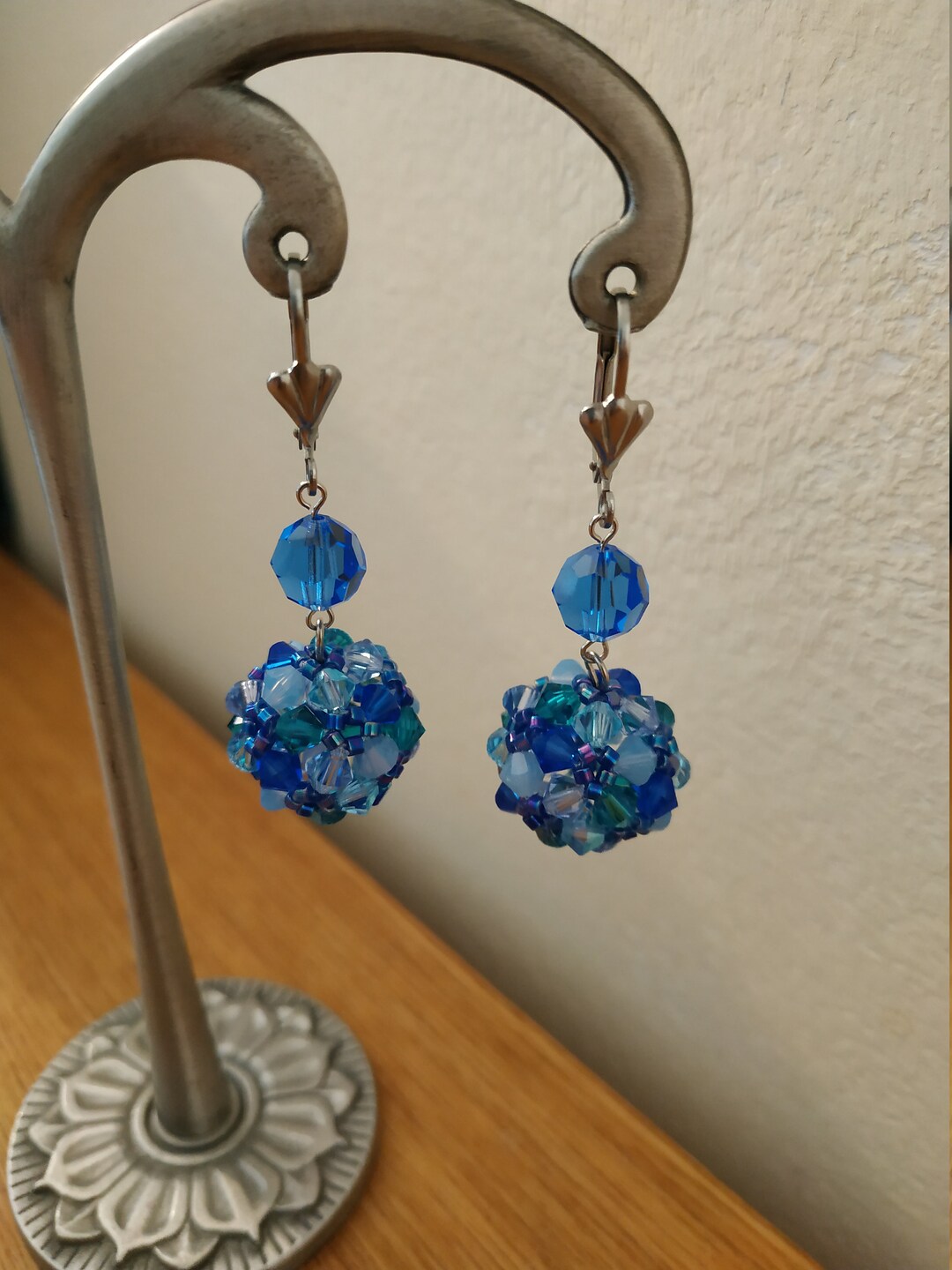 Silver Stainless Steel Sleeper Earrings Woven Balls With Blue Etsy