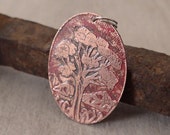 Hand Drawn Coral Red Etched Copper Pendant Featuring a Tree Motif