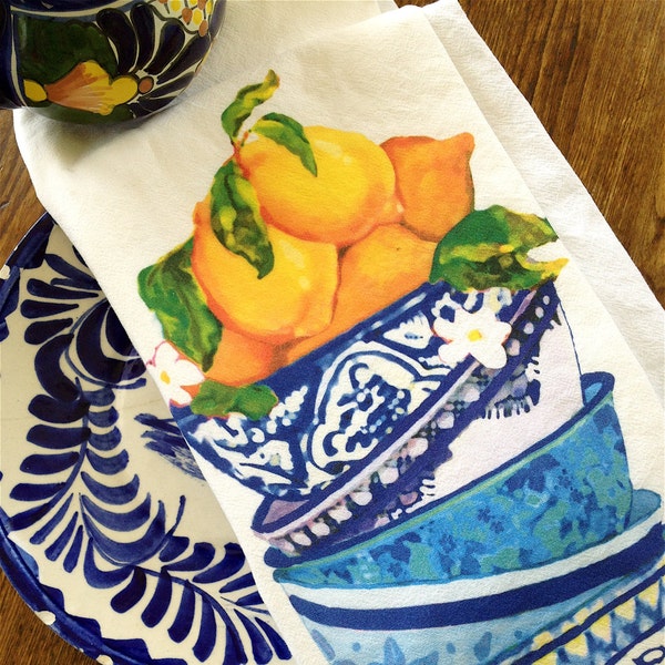 Lemons & Bowls Flour Sack Towel Kitchen Towel Tea Towel Blue and White Pottery katzpajamas