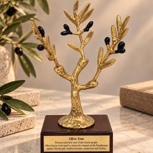 May include: A gold-toned metal olive tree sculpture with black olives, mounted on a dark brown wooden base. A rectangular gold plaque on the front features the text: Olive Tree, Precious and holy tree of the Greek people. Olive leaves were used to crown the winners at the Panathenaic games. Divine gift, symbol of peace, protection and fertility.