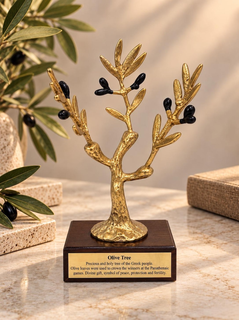 May include: A gold-toned metal olive tree sculpture with black olives, mounted on a dark brown wooden base. A rectangular gold plaque on the front features the text: Olive Tree, Precious and holy tree of the Greek people. Olive leaves were used to crown the winners at the Panathenaic games. Divine gift, symbol of peace, protection and fertility.