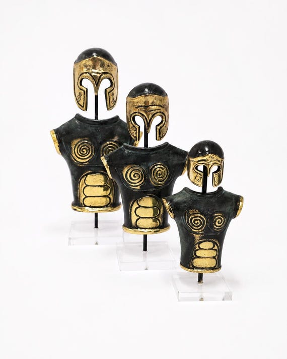 Handmade Oxidized Brass Spartan Warrior Sculpture, Ancient Greek Armor Statue, Plexiglass Base