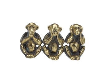 Handmade Brass Three Wise Monkeys Figurine, Antique Oxidized Patina, Home Office Decor