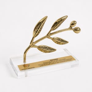 May include: A gold-toned metal olive branch sculpture featuring detailed leaves and two olives, mounted on a clear rectangular acrylic base. A gold plaque on the base includes the text Olive Branch, a description of its history, and the text KYΠPIAKH ΔHMOKPATIA.