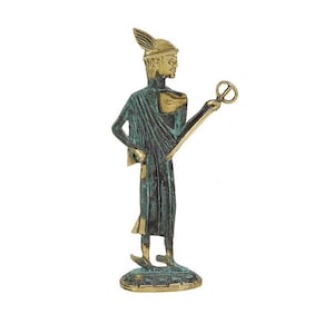May include: A bronze statue of a Greek goddess, standing on a base with a Greek key pattern. She is wearing a long robe and a helmet with a winged crest. She is holding a staff with a circular object at the top.
