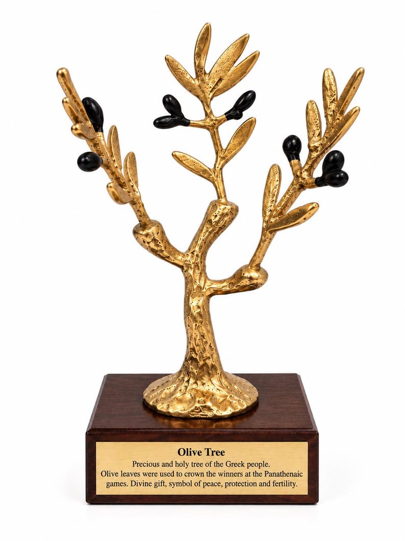 May include: A gold-colored metal olive tree sculpture with black olives and textured branches, mounted on a square dark brown wooden base. A gold plaque on the front reads: Olive Tree, Precious and holy tree of the Greek people. Olive leaves were used to crown the winners at the Panathenaic games. Divine gift, symbol of peace, protection and fertility.