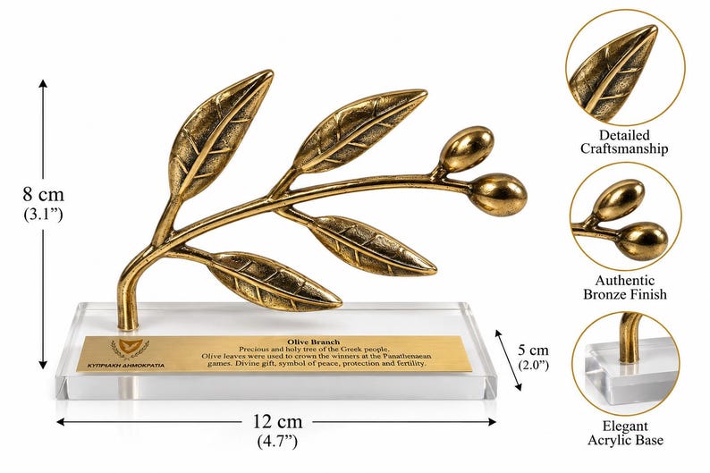 May include: A bronze-colored olive branch sculpture with leaves and two olives, mounted on a clear acrylic base. A gold plaque features the text "Olive Branch" and historical details. The base measures 4.7 inches wide and 2.0 inches deep, with a total height of 3.1 inches.