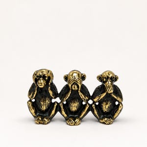 Handmade Brass Three Wise Monkeys Figurine, Antique Oxidized Patina, Home Office Decor