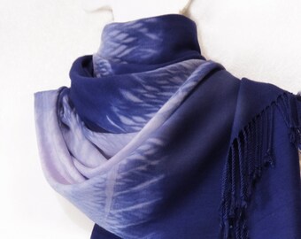 Sheer Soft Silk Scarf Half Size Sarong Wrap in Roses and Laces Blue Purple
