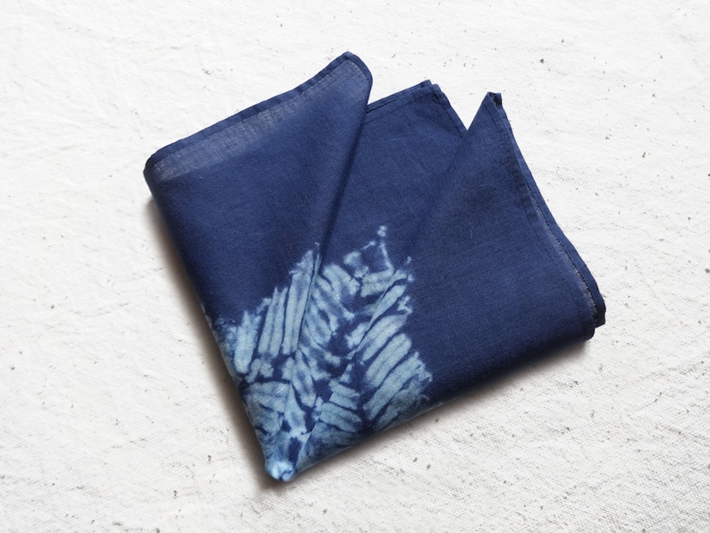Hand dyed pocket square Handkerchief Shibori Tie dye cotton rag hankie Blue white Maple leaf Unisex men women