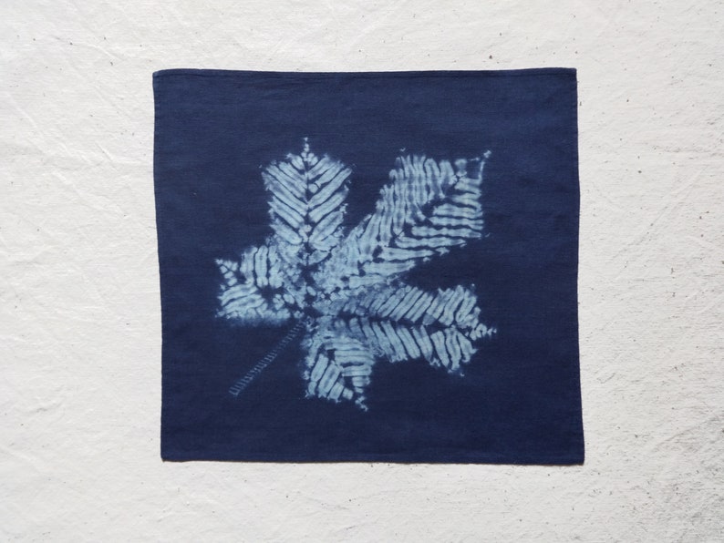 Hand dyed pocket square Handkerchief Shibori Tie dye cotton rag hankie Blue white Maple leaf Unisex men women