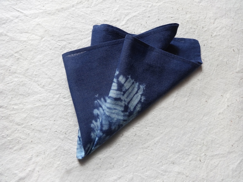 Hand dyed pocket square Handkerchief Shibori Tie dye cotton rag hankie Blue white Maple leaf Unisex men women
